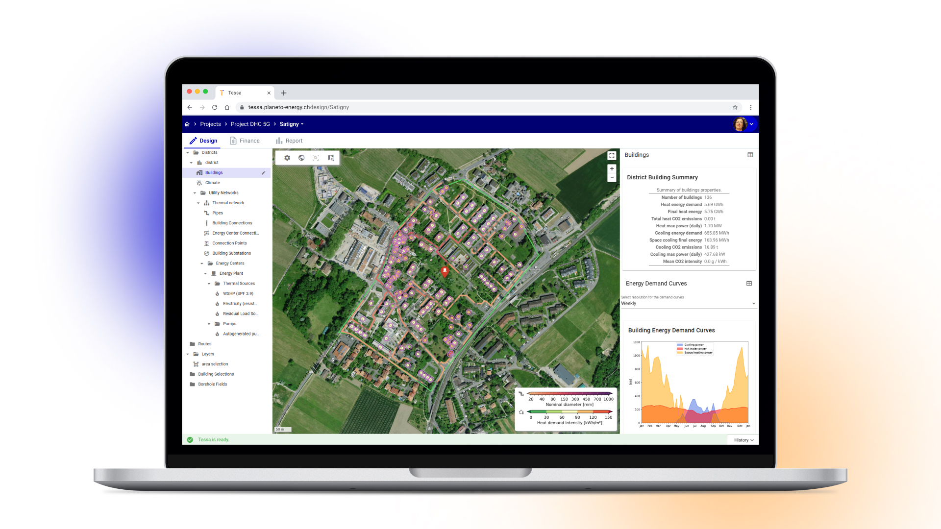 TESSA project view showing a district with buildings, demand summary, and energy curves